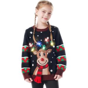 imageJOYIN Kids Christmas Ugly Sweater LED Light Up Reindeer Xmas Sweater Builtin Light Bulbs for Boys Girls Black Medium