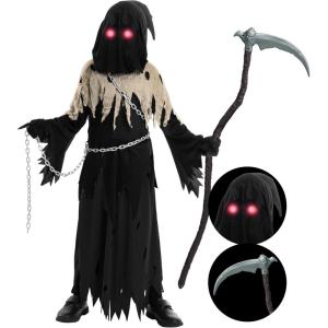 imageSpooktacular Creations Glowing Eyes Grim Reaper Costume for Kids Halloween Costume for Boys Halloween Dressup PartyBrown