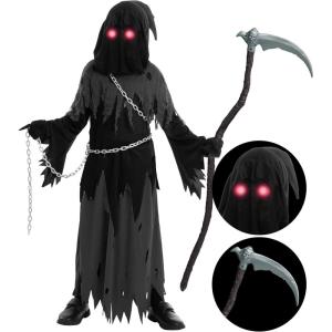 imageSpooktacular Creations Glowing Eyes Grim Reaper Costume for Kids Halloween Costume for Boys Halloween Dressup PartyGrey