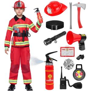 imageSpooktacular Creations Halloween 14PCS Firefighter Costume for Kids Boys Fireman Costume with Toys Set for Toddler RolePlayRed