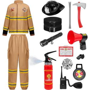 imageSpooktacular Creations Halloween Firefighter Costume for Kids Boys Fireman Costume Set Firefighter Accessories for CosplayBrown