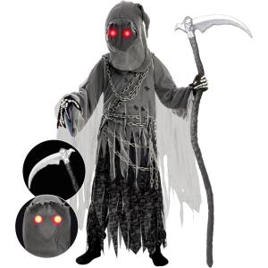 imageSpooktacular Creations Child Unisex Grim Reaper Costume Halloween Costume with Glowing Red Eyes for Kids TrickorTreating
