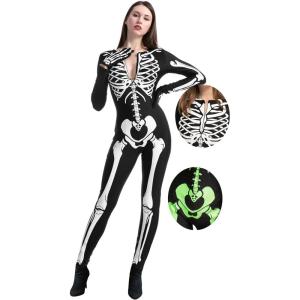 imageSpooktacular Creations Womens Skeleton Costume Glow in the Dark Halloween Skeleton Bodysuit Halloween Costumes for AdultWhite