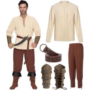 imageSpooktacular Creations Halloween Mens Renaissance Costume Medieval Costume Men Set Pirate Shirt Viking Ankle Banded PantsDark Red