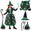 imageSpooktacular Creations Witch Costume Kids Light Up Halloween Costumes Witch Dress with Hat and Broom for Girls Sweet Wizard Set for Toddler Scary Halloween Themed Parties Green 3TGreen