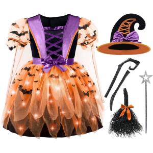 imageSpooktacular Creations Girls Light Up Witch Costume Kids Witch Costume with Hat and Broom for Toddler Halloween Dress PartyOrange