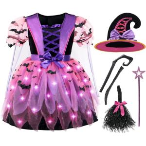 imageSpooktacular Creations Girls Light Up Witch Costume Kids Witch Costume with Hat and Broom for Toddler Halloween Dress PartyPink