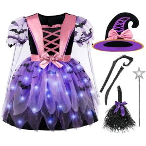 imageSpooktacular Creations Girls Light Up Witch Costume Kids Witch Costume with Hat and Broom for Toddler Halloween Dress PartyPurple