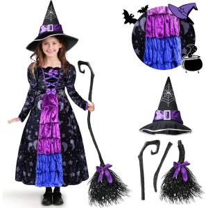 imageSpooktacular Creations Halloween Child Girl Purple Witch Costume Toddler Stars and Moon Witch Dress for Kids Halloween Party