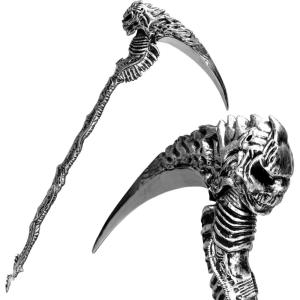 imageSpooktacular Creations Halloween Sin Scythe Costume Accessory Scythe Tool Toy Weapons Silver Skeleton Skull Staff for Kids Women Men Halloween Cosplay Cane Props Party Dress Up