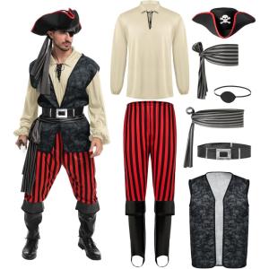 imageSpooktacular Creations Men Pirate Costume Adult Pirate Shirt Vest Viking Pants Hat Set for Halloween Themed PartiesBeige