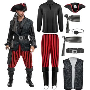 imageSpooktacular Creations Men Pirate Costume Adult Pirate Shirt Vest Viking Pants Hat Set for Halloween Themed PartiesBlack