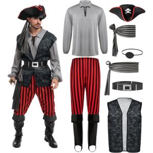 imageSpooktacular Creations Men Pirate Costume Adult Pirate Shirt Vest Viking Pants Hat Set for Halloween Themed PartiesGray