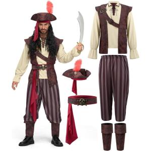 imageSpooktacular Creations Mens Caribbean Pirate Costume Adult Sea Captain Robber Costume for HalloweenBeige