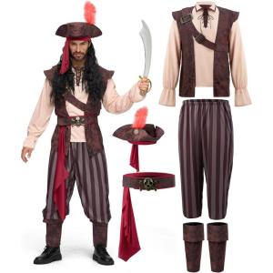 imageSpooktacular Creations Mens Caribbean Pirate Costume Adult Sea Captain Robber Costume for HalloweenRed