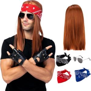 imageSpooktacular Creations Rockstar Costume 90s Rock Heavy Metal with 3pcs Bandanas Wig Gloves Sunglasses for Halloween Costumes 80s 90s Accessories