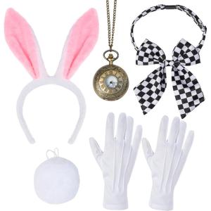 imageSpooktacular Creations White Bunny Accessory Set Bunny Costume with Headband Bow Tie Tail Gloves Pocket Watch for Women Halloween Rabbit Costume for Women for Role Play and Party