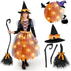 imageSpooktacular Creations Witch Costume Kids Light Up Halloween Costumes Witch Dress with Hat and Broom for Girls Sweet Wizard Set for Toddler Scary Halloween Themed Parties Green 3TOrange