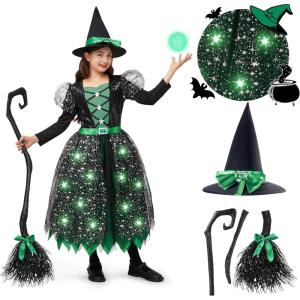 imageSpooktacular Creations Witch Costume Kids Light Up Halloween Costumes Witch Dress with Hat and Broom for Girls Sweet Wizard Set for Toddler Scary Halloween Themed Parties Green 3TGreen