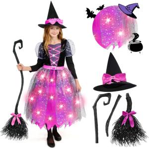 imageSpooktacular Creations Witch Costume Kids Light Up Halloween Costumes Witch Dress with Hat and Broom for Girls Sweet Wizard Set for Toddler Scary Halloween Themed Parties Green 3TPink