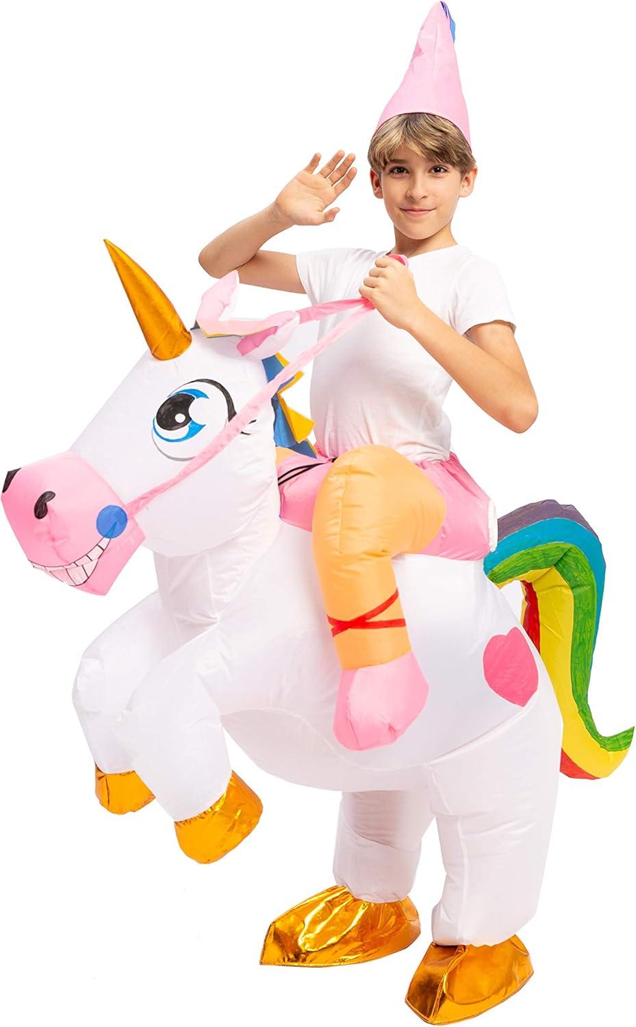 imageSpooktacular Creations Halloween Unicorn Costume Kids Inflatable Riding a Unicorn Colorful Air Blowup Deluxe Set with Hat Rideon Halloween Parties Costumes White 46 YrsWhite