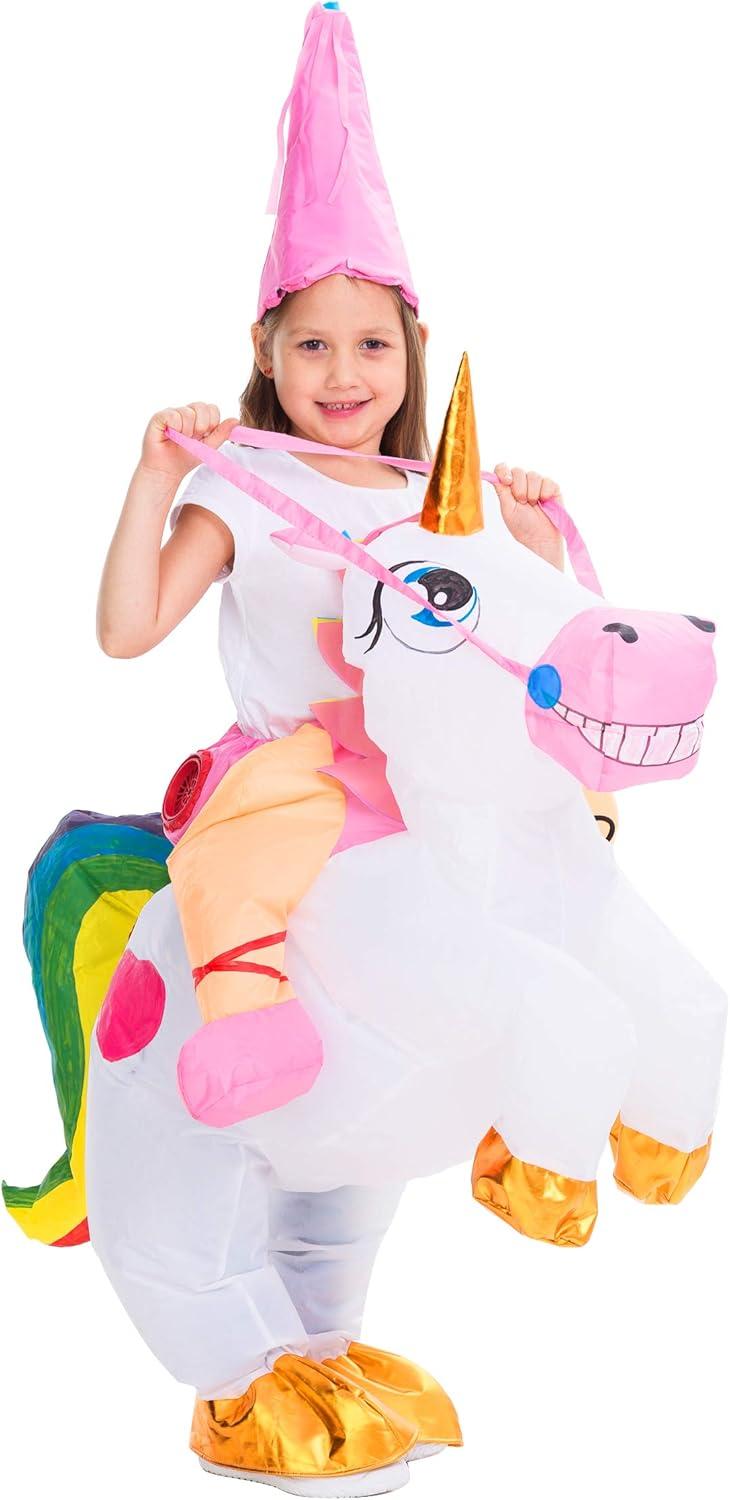 imageSpooktacular Creations Halloween Unicorn Costume Kids Inflatable Riding a Unicorn Colorful Air Blowup Deluxe Set with Hat Rideon Halloween Parties Costumes White 46 YrsWhite