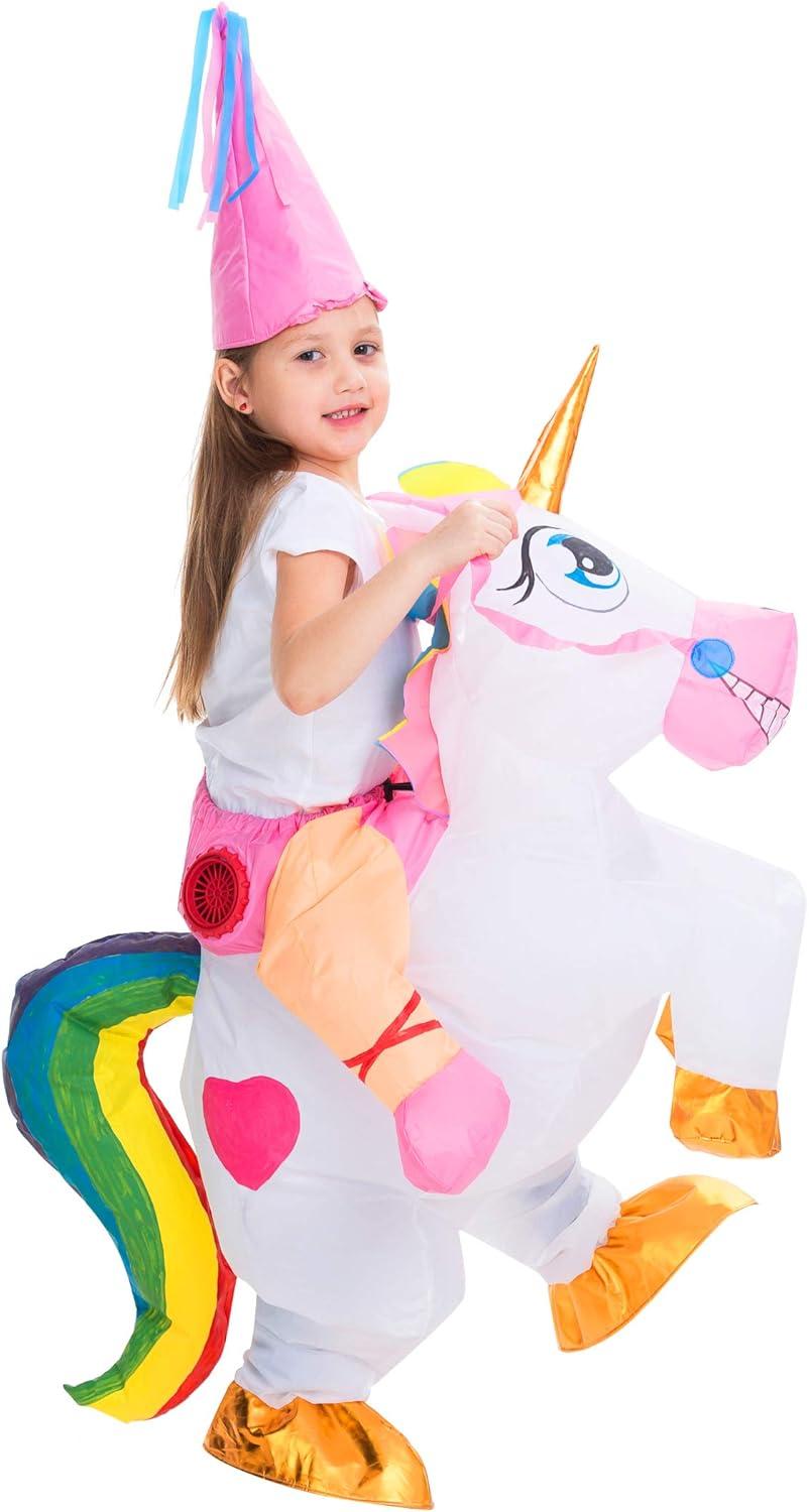 imageSpooktacular Creations Halloween Unicorn Costume Kids Inflatable Riding a Unicorn Colorful Air Blowup Deluxe Set with Hat Rideon Halloween Parties Costumes White 46 YrsWhite