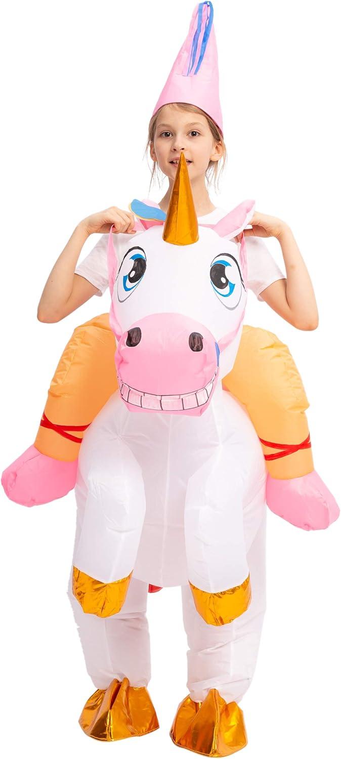 imageSpooktacular Creations Halloween Unicorn Costume Kids Inflatable Riding a Unicorn Colorful Air Blowup Deluxe Set with Hat Rideon Halloween Parties Costumes White 46 YrsWhite