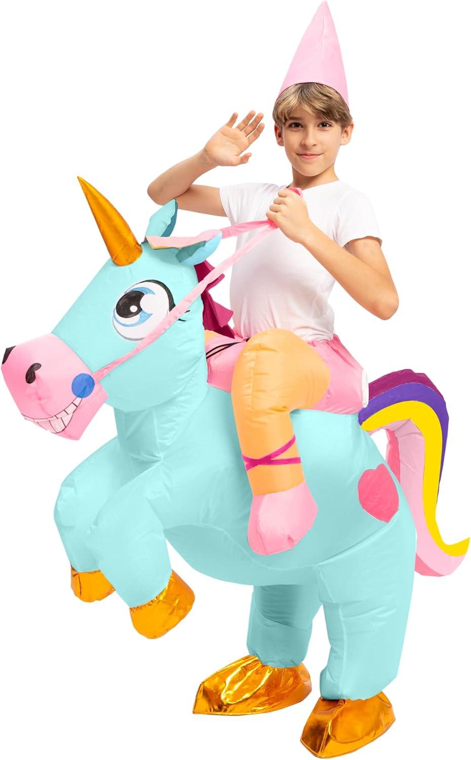 imageSpooktacular Creations Halloween Unicorn Costume Kids Inflatable Riding a Unicorn Colorful Air Blowup Deluxe Set with Hat Rideon Halloween Parties Costumes White 46 YrsBlue
