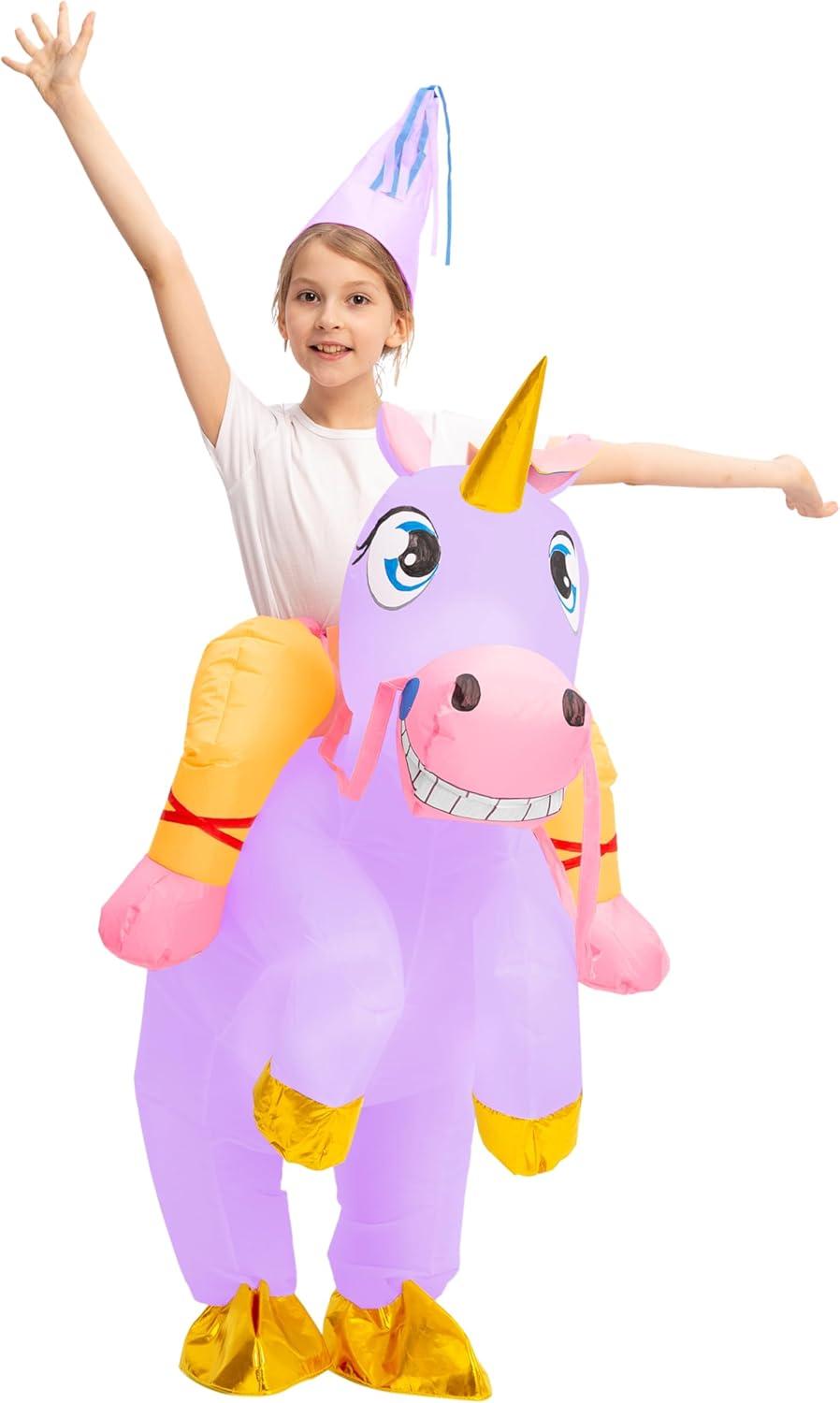 imageSpooktacular Creations Halloween Unicorn Costume Kids Inflatable Riding a Unicorn Colorful Air Blowup Deluxe Set with Hat Rideon Halloween Parties Costumes White 46 YrsPurple