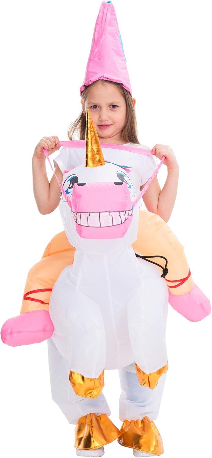 imageSpooktacular Creations Halloween Unicorn Costume Kids Inflatable Riding a Unicorn Colorful Air Blowup Deluxe Set with Hat Rideon Halloween Parties Costumes White 46 YrsWhite