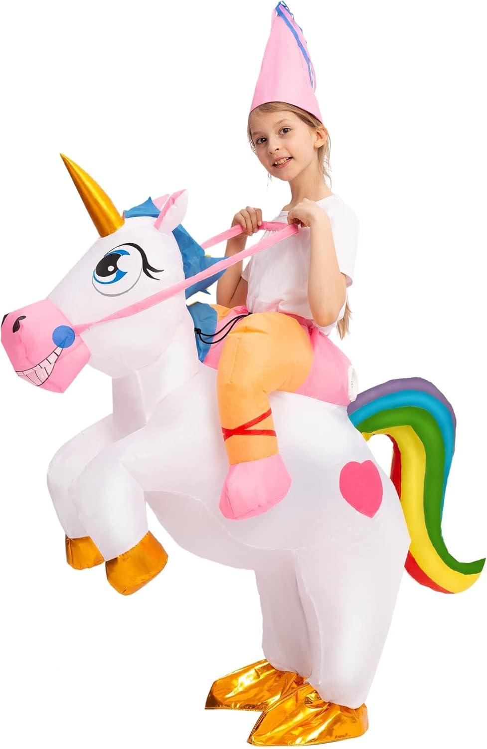 imageSpooktacular Creations Halloween Unicorn Costume Kids Inflatable Riding a Unicorn Colorful Air Blowup Deluxe Set with Hat Rideon Halloween Parties Costumes White 46 YrsWhite