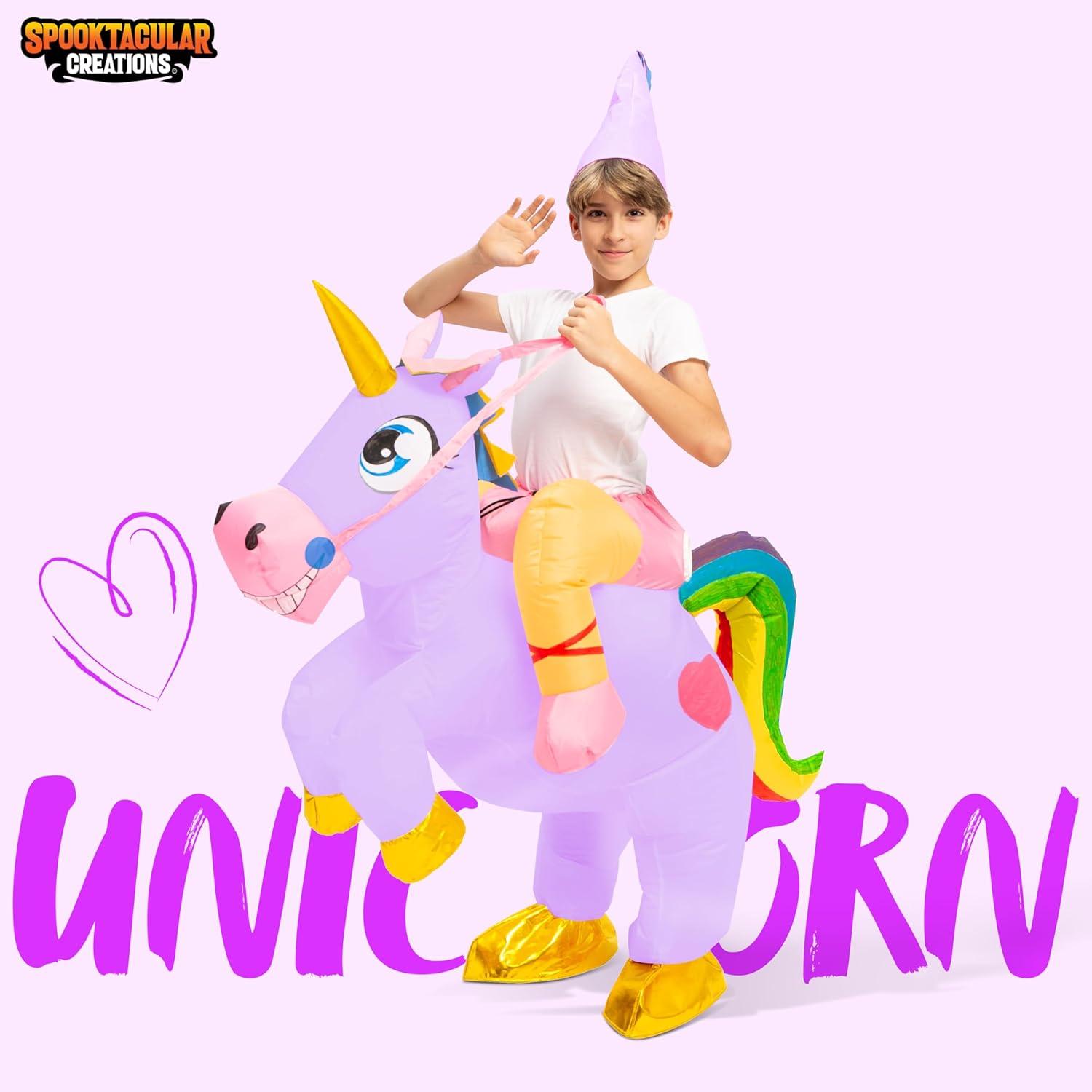 imageSpooktacular Creations Halloween Unicorn Costume Kids Inflatable Riding a Unicorn Colorful Air Blowup Deluxe Set with Hat Rideon Halloween Parties Costumes White 46 YrsPurple