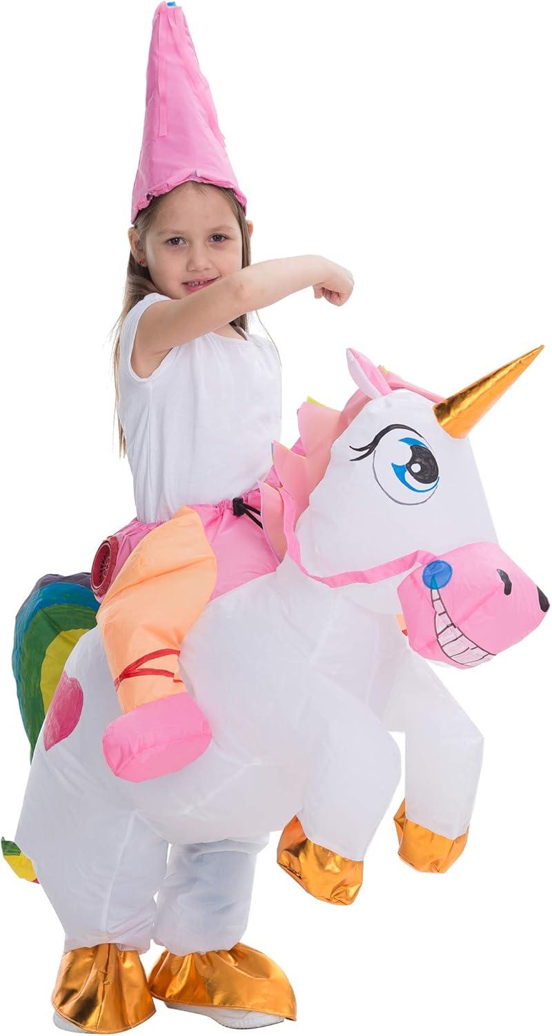 imageSpooktacular Creations Halloween Unicorn Costume Kids Inflatable Riding a Unicorn Colorful Air Blowup Deluxe Set with Hat Rideon Halloween Parties Costumes White 46 YrsWhite