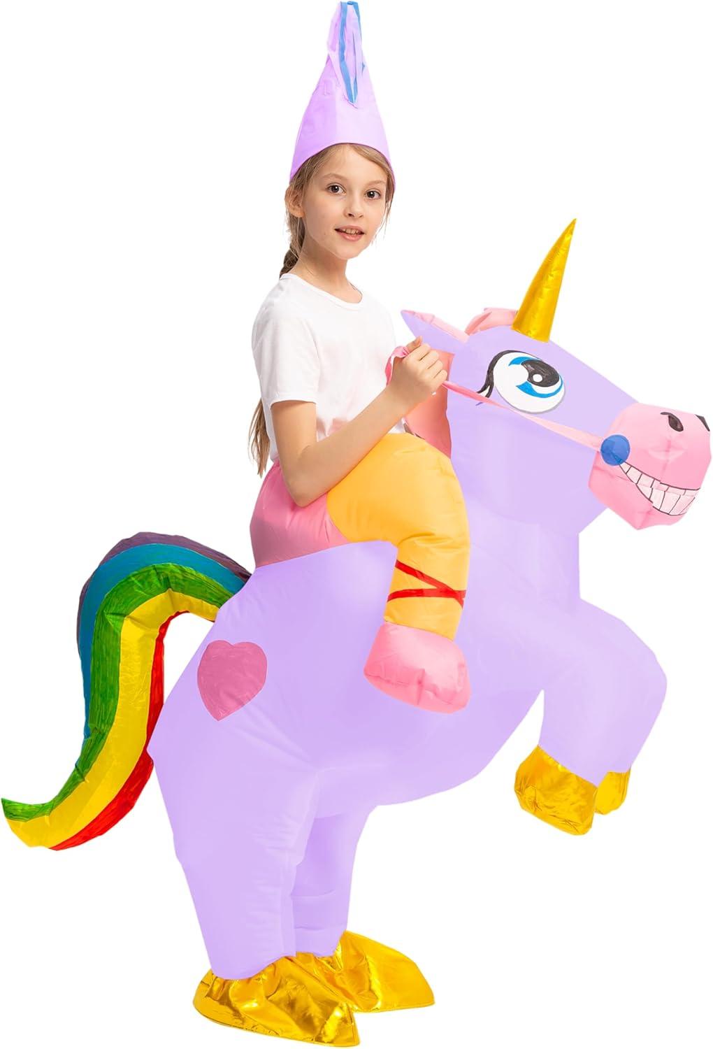 imageSpooktacular Creations Halloween Unicorn Costume Kids Inflatable Riding a Unicorn Colorful Air Blowup Deluxe Set with Hat Rideon Halloween Parties Costumes White 46 YrsPurple
