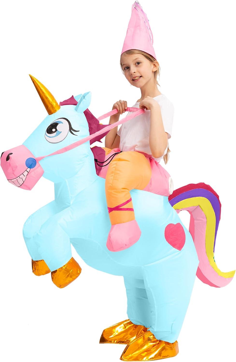 imageSpooktacular Creations Halloween Unicorn Costume Kids Inflatable Riding a Unicorn Colorful Air Blowup Deluxe Set with Hat Rideon Halloween Parties Costumes White 46 YrsBlue