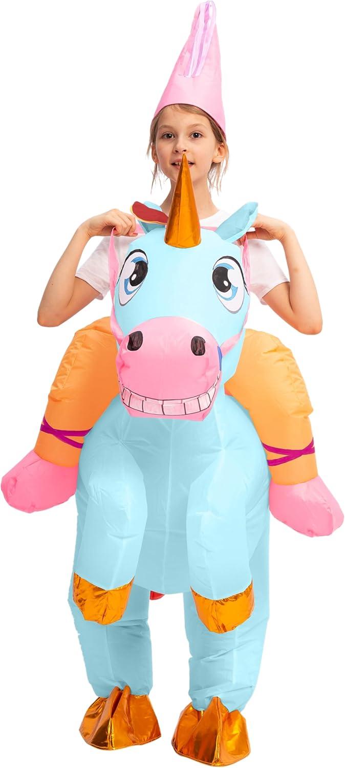 imageSpooktacular Creations Halloween Unicorn Costume Kids Inflatable Riding a Unicorn Colorful Air Blowup Deluxe Set with Hat Rideon Halloween Parties Costumes White 46 YrsBlue