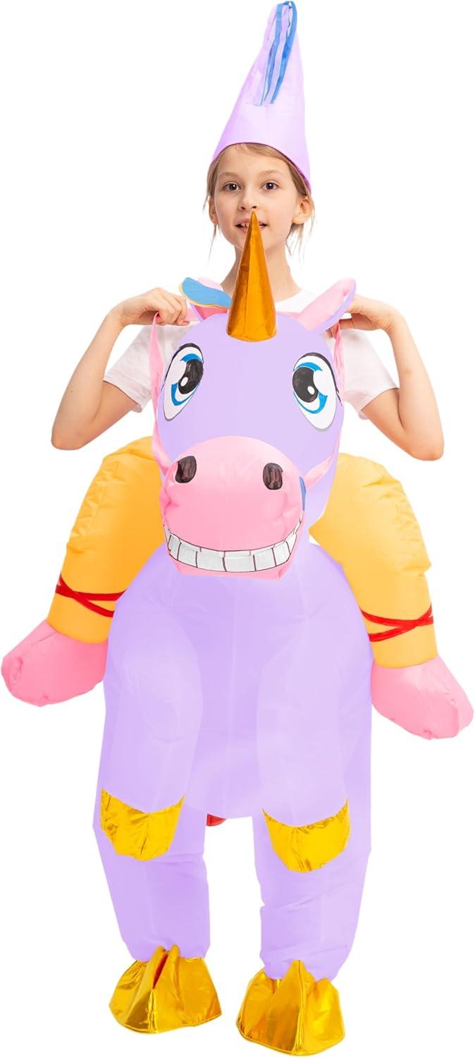 imageSpooktacular Creations Halloween Unicorn Costume Kids Inflatable Riding a Unicorn Colorful Air Blowup Deluxe Set with Hat Rideon Halloween Parties Costumes White 46 YrsPurple