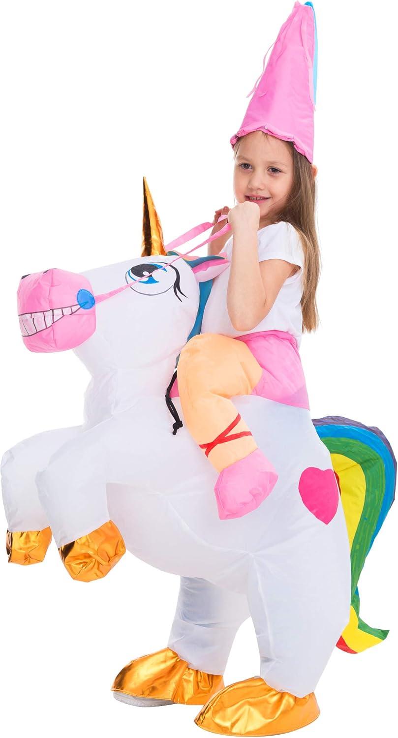 imageSpooktacular Creations Halloween Unicorn Costume Kids Inflatable Riding a Unicorn Colorful Air Blowup Deluxe Set with Hat Rideon Halloween Parties Costumes White 46 YrsWhite