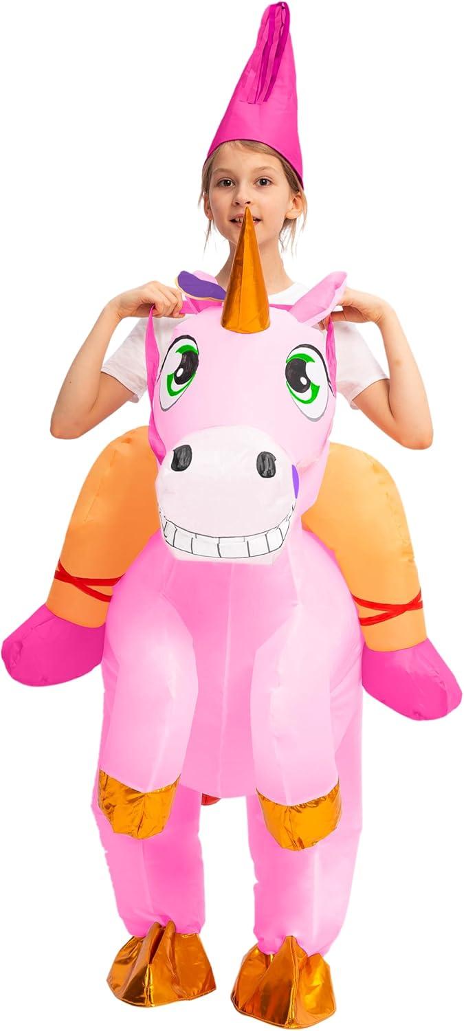 imageSpooktacular Creations Halloween Unicorn Costume Kids Inflatable Riding a Unicorn Colorful Air Blowup Deluxe Set with Hat Rideon Halloween Parties Costumes White 46 YrsPink