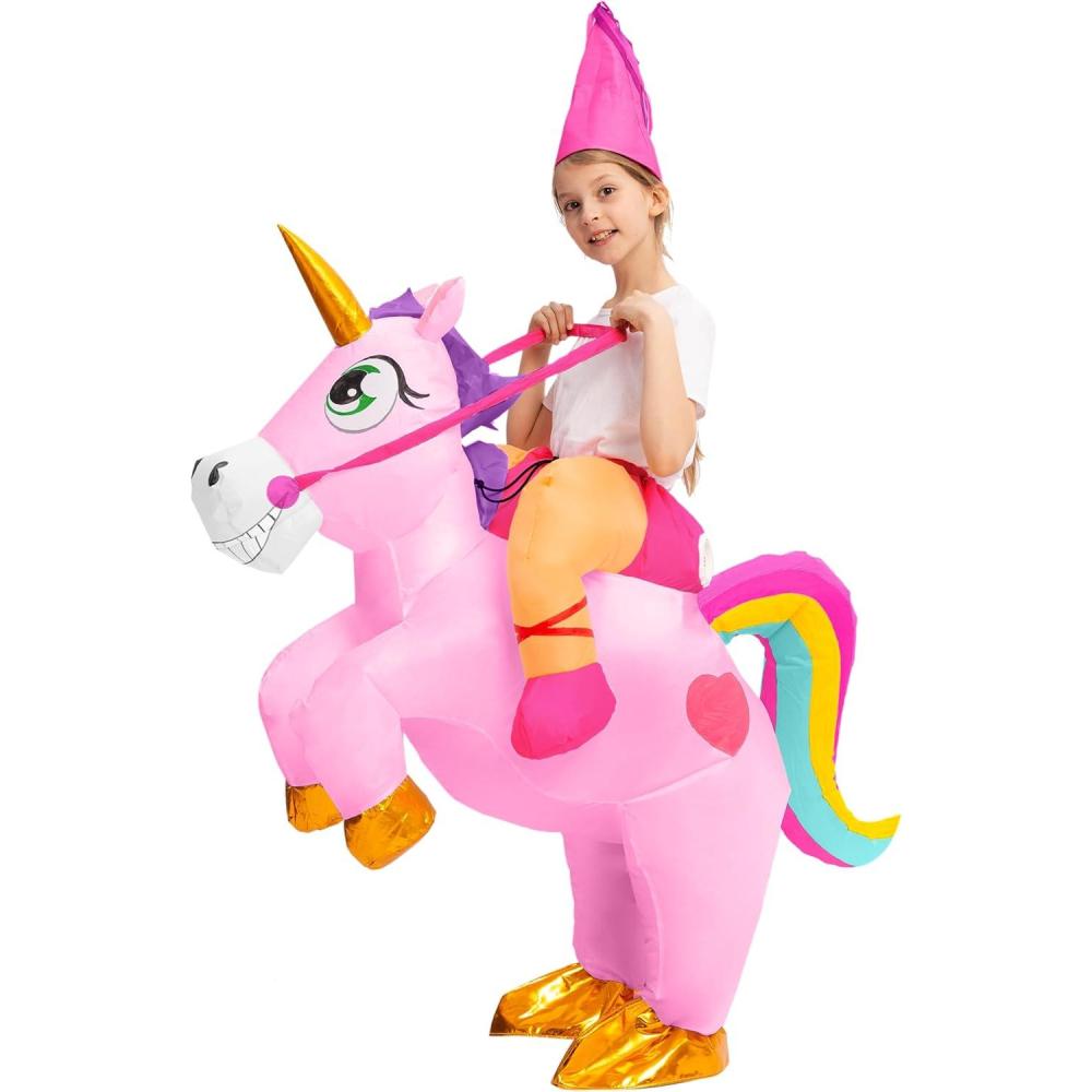 imageSpooktacular Creations Halloween Unicorn Costume Kids Inflatable Riding a Unicorn Colorful Air Blowup Deluxe Set with Hat Rideon Halloween Parties Costumes White 46 YrsPink