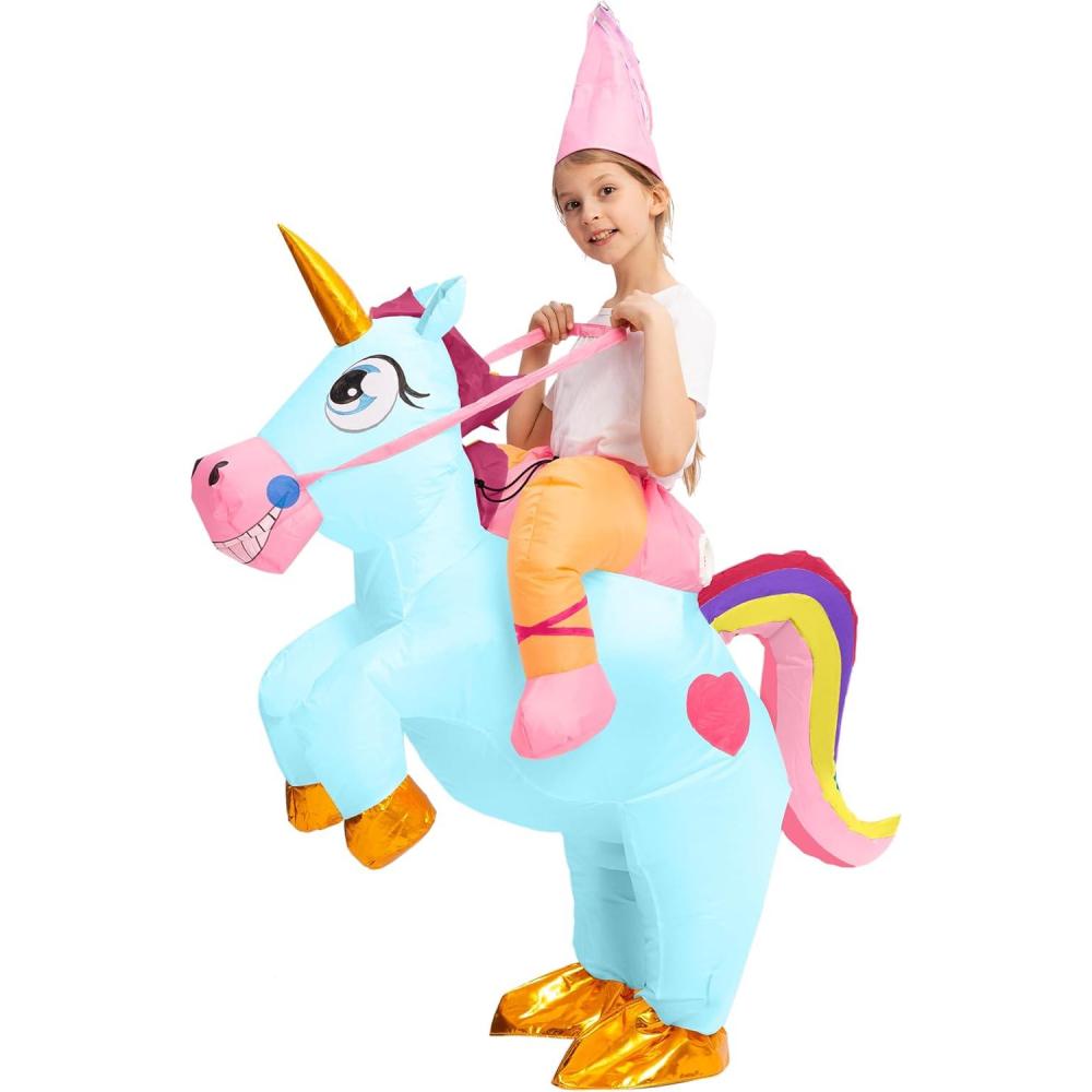 imageSpooktacular Creations Halloween Unicorn Costume Kids Inflatable Riding a Unicorn Colorful Air Blowup Deluxe Set with Hat Rideon Halloween Parties Costumes White 46 YrsBlue