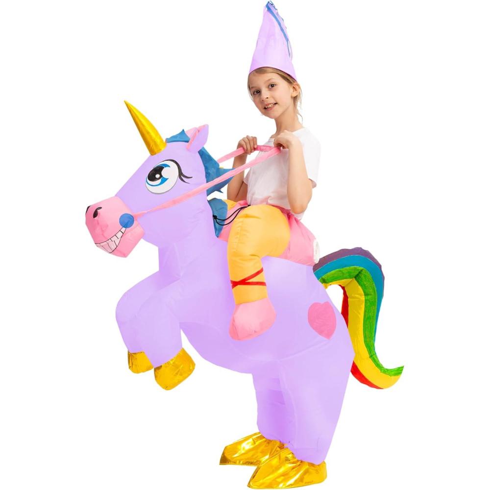 imageSpooktacular Creations Halloween Unicorn Costume Kids Inflatable Riding a Unicorn Colorful Air Blowup Deluxe Set with Hat Rideon Halloween Parties Costumes White 46 YrsPurple