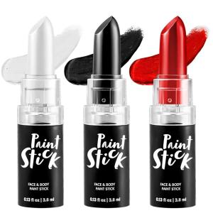 imageSpooktacular Creations 3 PCS Halloween Makeup Face Body Paint Kit Clown Lip Eye Black Stick Set for Adult Football Baseball Sports SFX Clown Costume Cosplay Dress Up Black White Red 