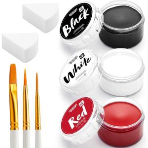 imageSpooktacular Creations 8 PCS Halloween Makeup Kit 3 Face Body Paint Oil Based Foundation Set with 3 Painting Brushes 2 Sponges for Halloween Clown SFX Zombie Skeleton CosplayWhite Black Red
