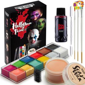 imageSpooktacular Creations 8 PCS Halloween Makeup Kit SFX Face Body Paint Set with Wound Scar Wax12 Colors Face Paint PaletteFake BloodSpatulaBrushes for Halloween CostumeZombie Makeup Dress Up