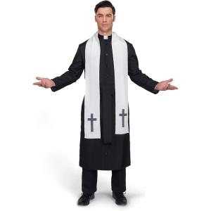 imageSpooktacular Creations Adult Mens Black Priest Father Robe Stole Priest Costume for Halloween Dress Up Party Cosplay