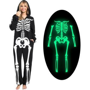 imageSpooktacular Creations Adult Skeleton Costumes for Women Glow in the Dark Jumpsuit Pajama ZipUp Hooded Jumpsuit HalloweenBlack