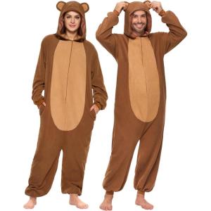 imageSpooktacular Creations Adults Unisex Pajama Simple Bear Hooded Jumpsuit Costume with Hat Brown Bear ZipUp Hooded Sleepwear