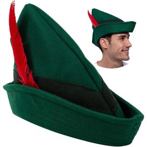 imageSpooktacular Creations Felt Robin Hood Hats with Feather Alpine German Hat Green Tyrolean Costume Accessory for Halloween Dress Up Party Favor One Size Fits all for Adult